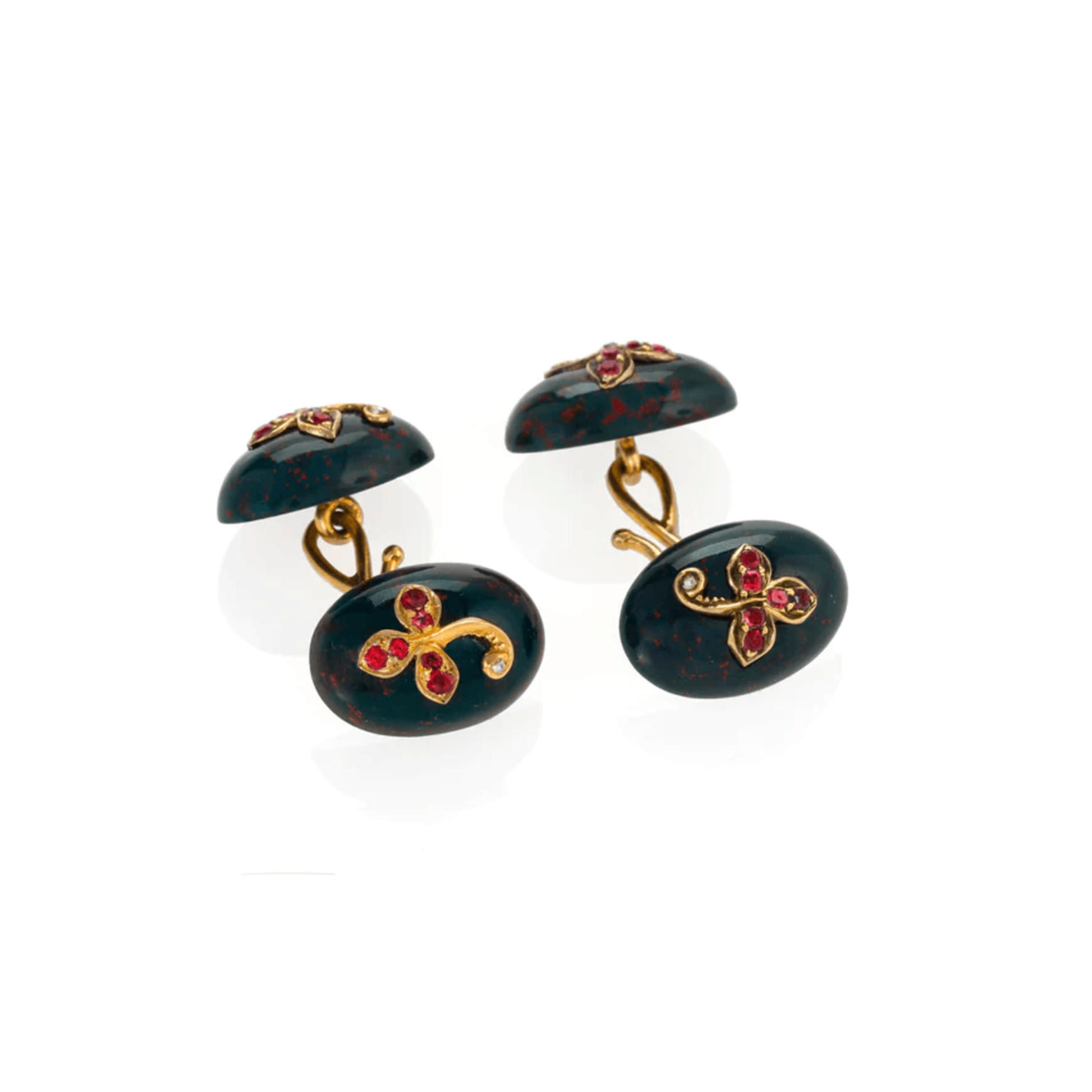 Edwardian 18KT Yellow Gold Ruby, Bloodstone & Diamond Cufflinks front