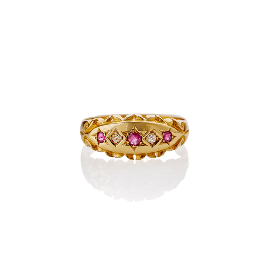 English Victorian 18KT Yellow Gold Ruby & Diamond Ring front