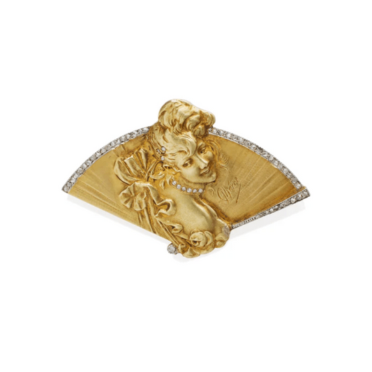 Jules Chéret French Art Nouveau 18KT Yellow Gold Diamond Brooch front