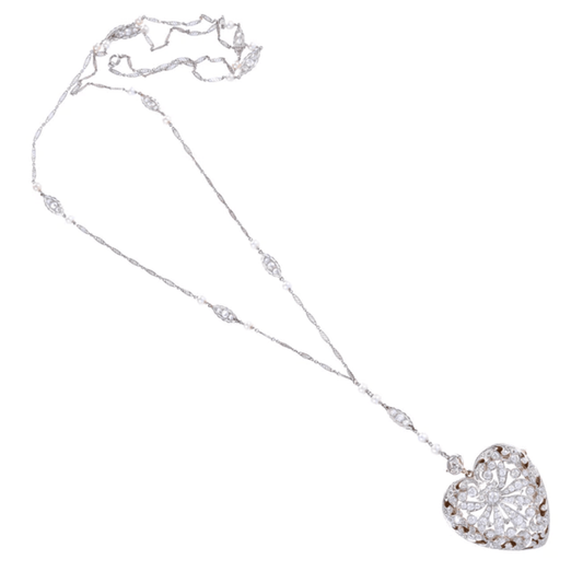 Edwardian Platinum & 18KT Yellow Gold Diamond Heart Locket Necklace front