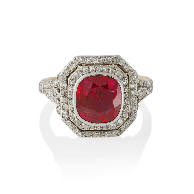 Edwardian Platinum & 18KT Yellow Gold Ruby & Diamond Ring front