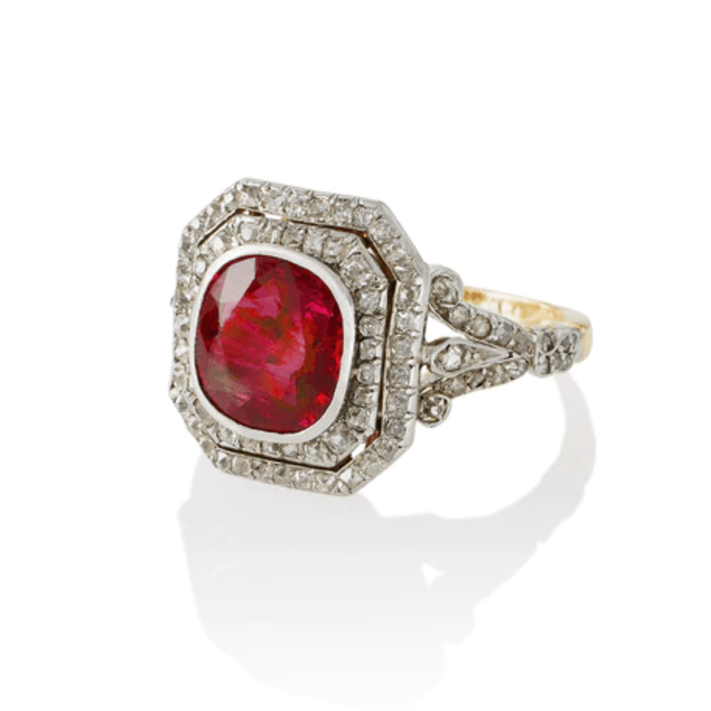 Edwardian Platinum & 18KT Yellow Gold Ruby & Diamond Ring side