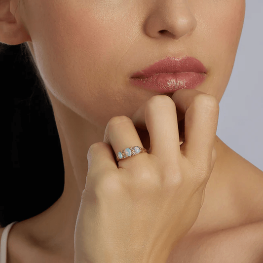 Edwardian 18KT Yellow Gold Opal & Diamond Ring on finger