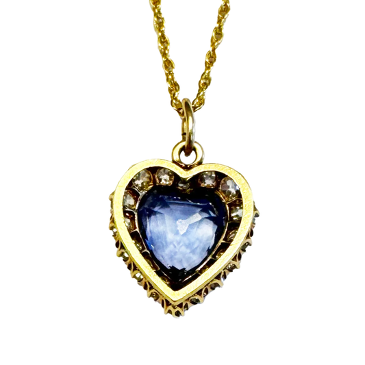 Edwardian 18KT Yellow Gold Sapphire & Diamond Heart Necklace back