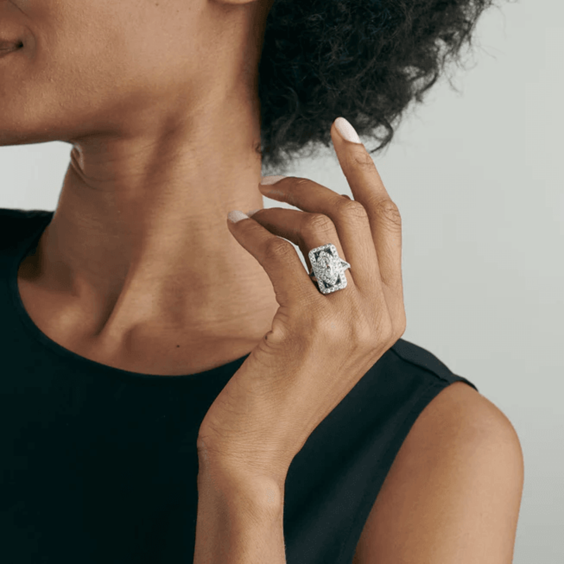 Art Deco Platinum Diamond & Sapphire Ring on finger
