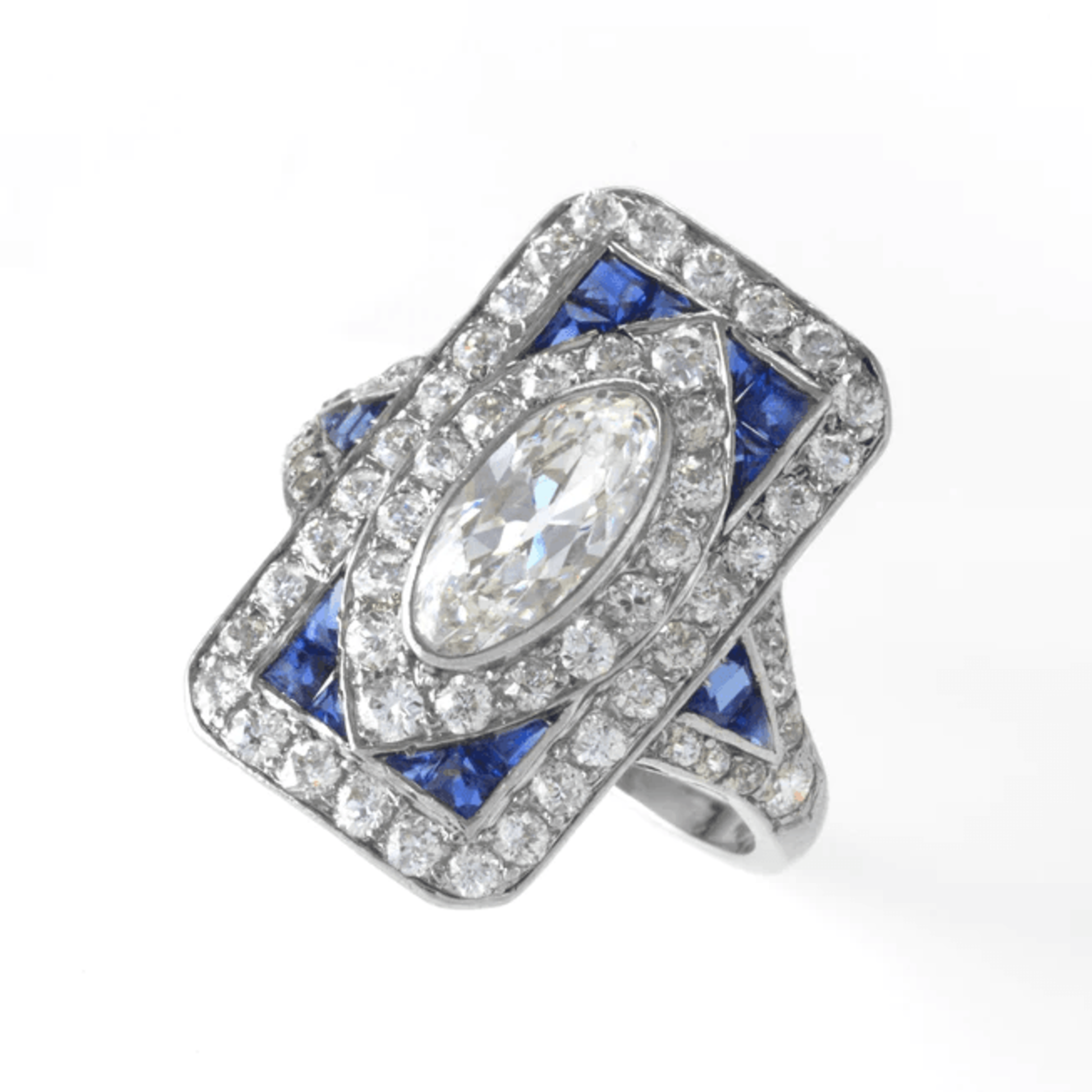Art Deco Platinum Diamond & Sapphire Ring front