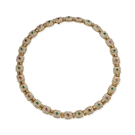Péry et Fils French 1970s 18KT Yellow Gold Diamond, Emerald & Ruby Necklace front