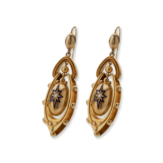Victorian 14KT Yellow Gold Diamond & Enamel Earrings side