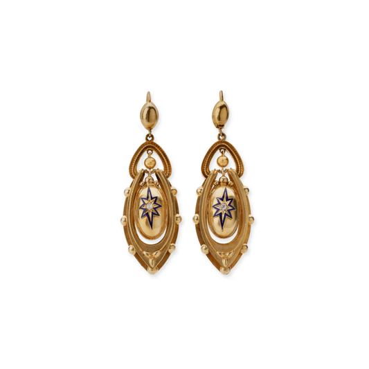 Victorian 14KT Yellow Gold Diamond & Enamel Earrings front
