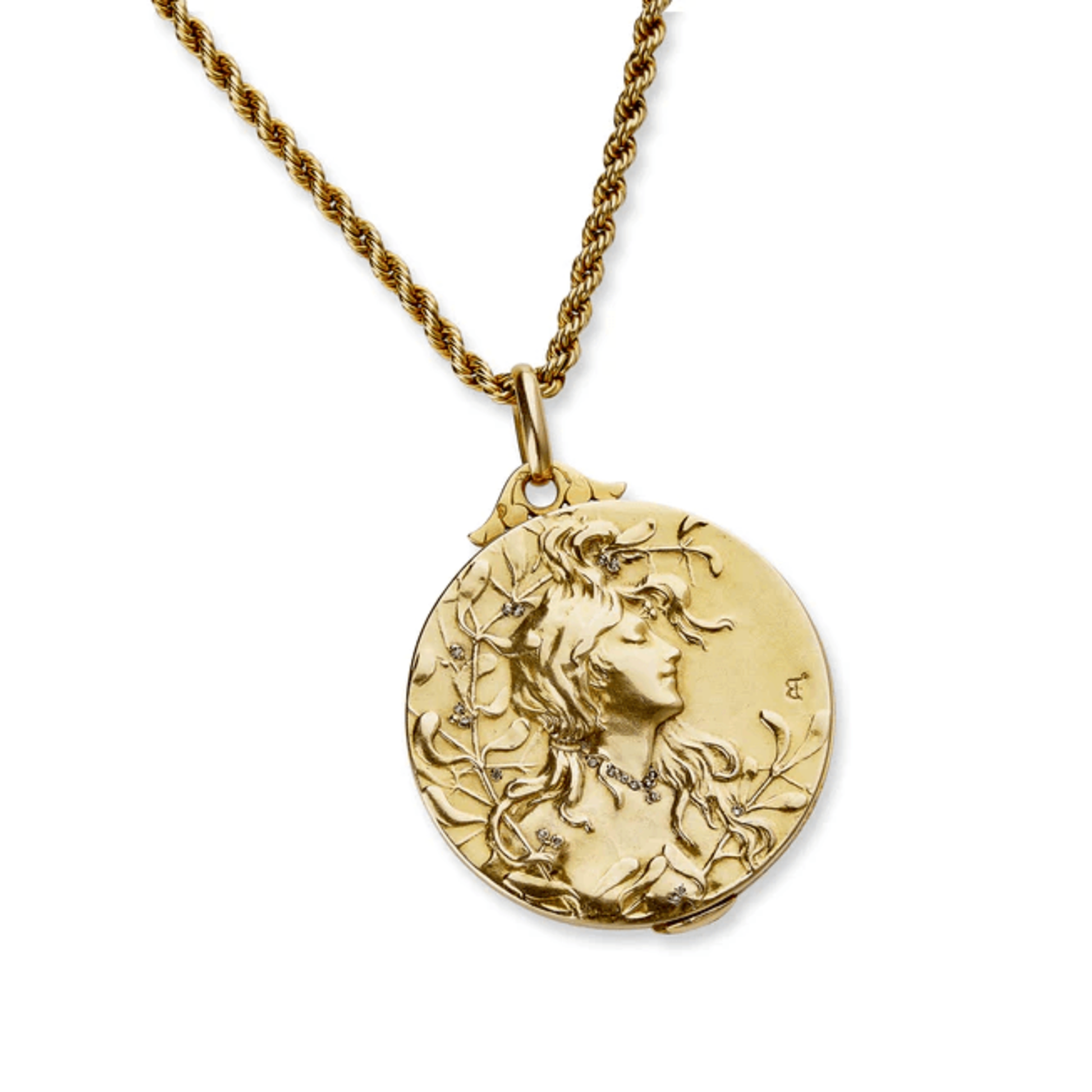 Comte d'Epinay de Briort French Art Nouveau 18KT Yellow Gold Diamond Medal Habillé Locket Necklace front