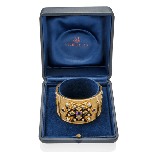 Fulco di Verdura Post-1980s 18KT Yellow Gold Amethyst, Diamond, Enamel, Pearl & Peridot Bracelet in box