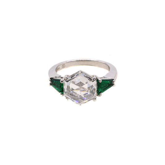 Post-1980s Platinum Diamond & Emerald Ring front