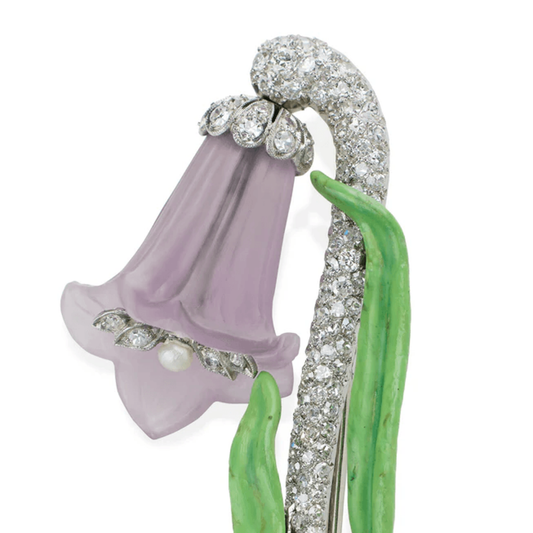 Art Deco Platinum Amethyst, Diamond, Enamel & Pearl Flower Brooch close-up details