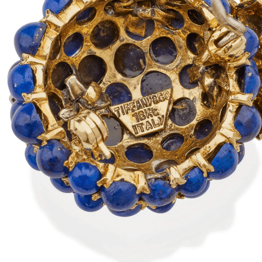 Tiffany & Co. 1960s 18KT White & Yellow Gold Lapis Lazuli, Diamond & Sapphire Brooch signature