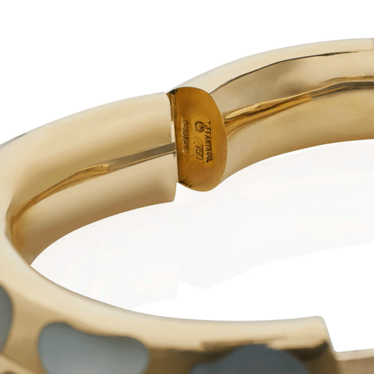 Angela Cummings Tiffany & Co. 1970s 18KT Yellow Gold Mother of Pearl Bangle Bracelet hinge and signature
