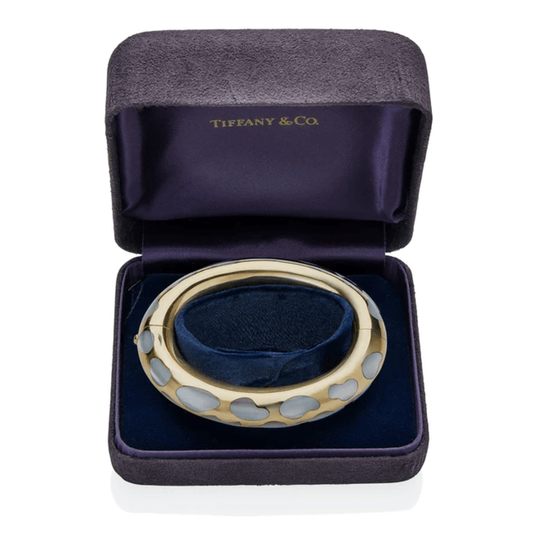 Angela Cummings Tiffany & Co. 1970s 18KT Yellow Gold Mother of Pearl Bangle Bracelet in box