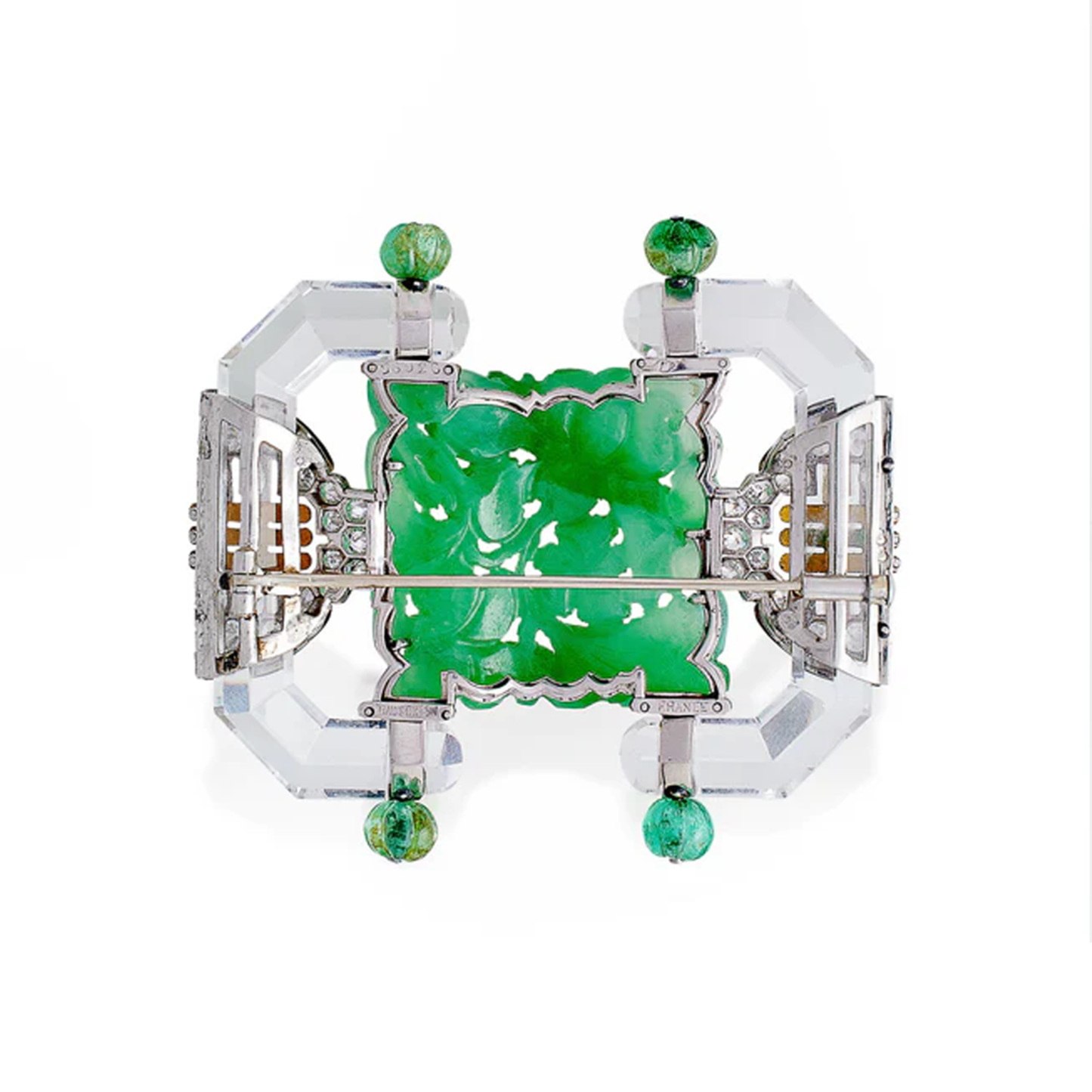 Mauboussin Paris 1930s Platinum & 18KT Grey Gold Jadeite, Diamond, Emerald & Rock Crystal Brooch back