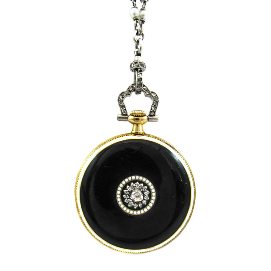 Cartier Paris Art Deco Platinum Enamel, Diamond & Pearl Watch Necklace back