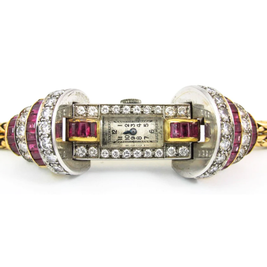 Retro Platinum & 18KT Yellow Gold Ruby & Diamond Watch Bracelet front