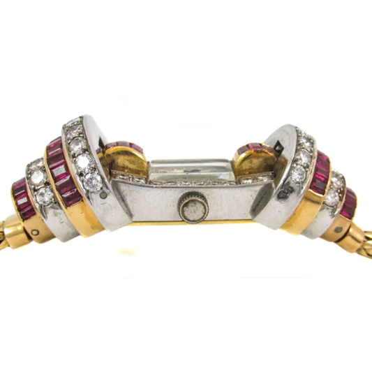 Retro Platinum & 18KT Yellow Gold Ruby & Diamond Watch Bracelet side