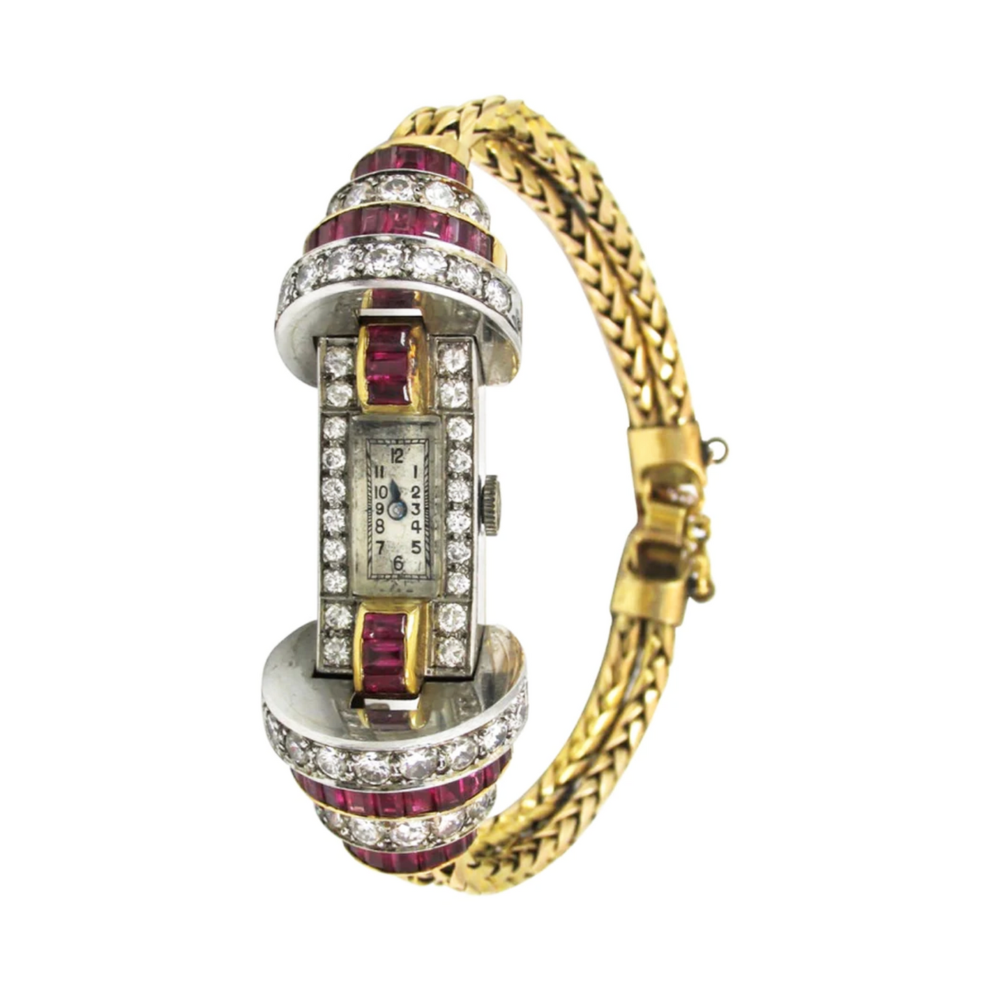 Retro Platinum & 18KT Yellow Gold Ruby & Diamond Watch Bracelet front