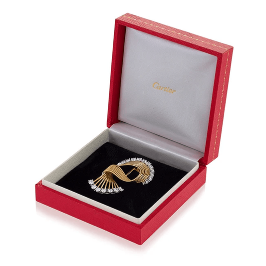 Cartier Paris 1950s 18KT Yellow Gold Diamond Brooch in box