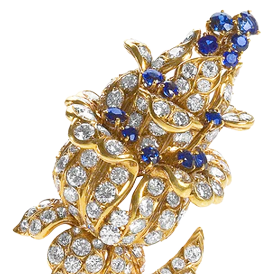 Lacloche Frères Paris 1950s 18KT Yellow Gold Sapphire & Diamond Flower Brooch close-up details