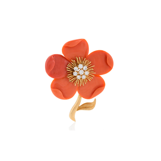 Van Cleef & Arpels French 1960s 22KT Yellow Gold Diamond & Coral Flower Brooch front