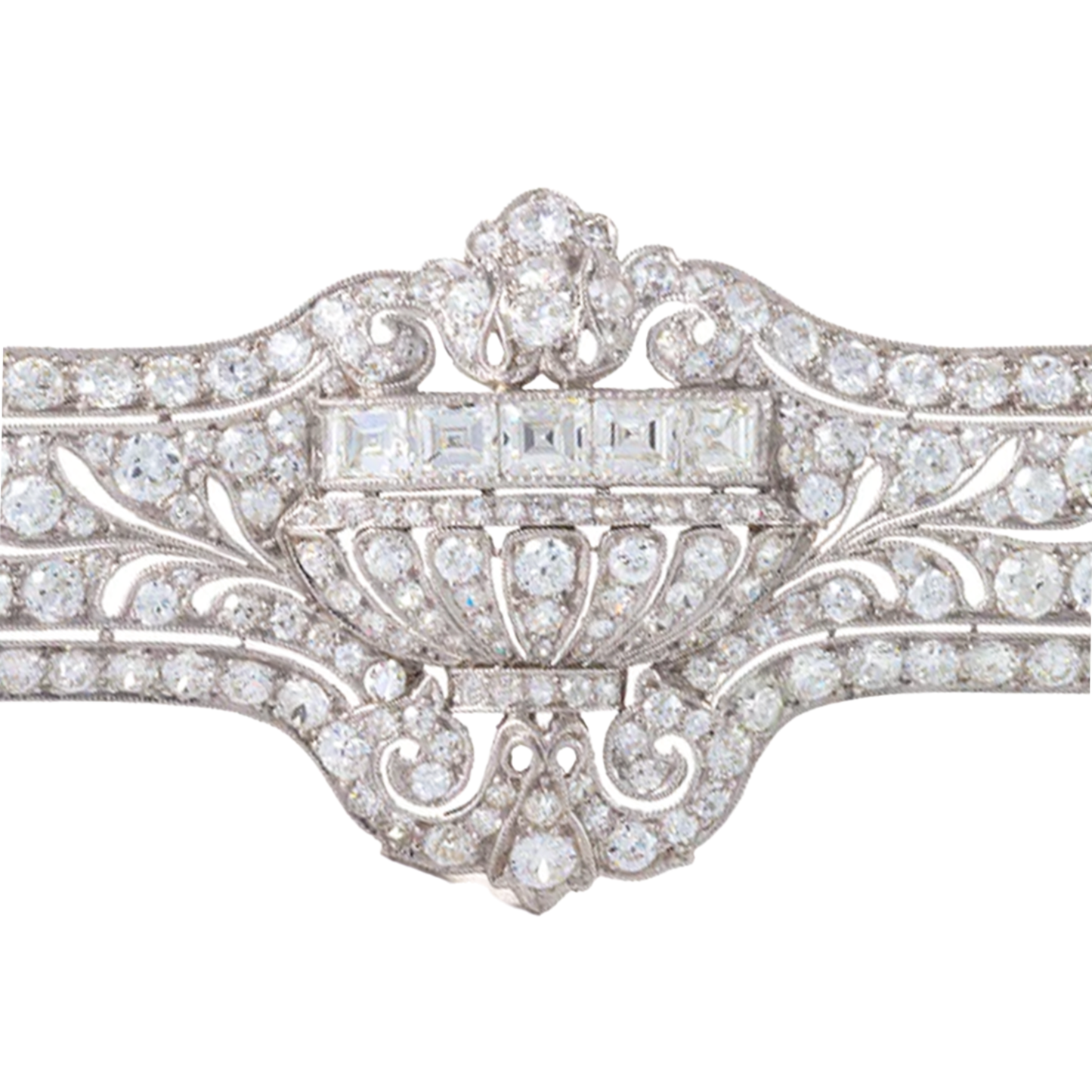 E.M. Gattle & Co. Art Deco Platinum Diamond Brooch close-up details
