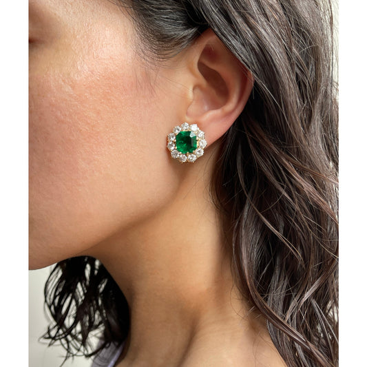 Antique 18KT Yellow Gold Emerald & Diamond Earrings on ear
