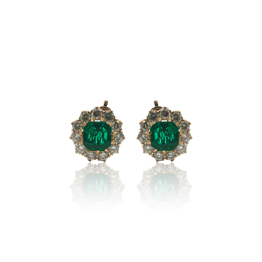 Antique 18KT Yellow Gold Emerald & Diamond Earrings front