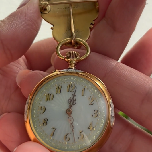 J.E. Caldwell 1960s 14KT Yellow Gold Enamel Watch Brooch watch face