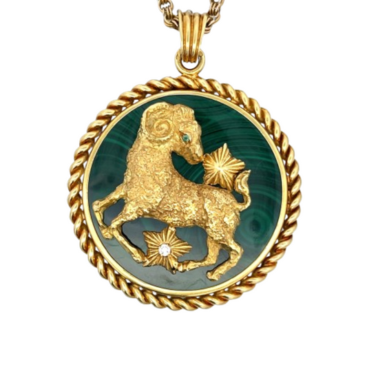Van Cleef & Arpels French 1970s 14KT & 18KT Yellow Gold Malachite, Diamond & Emerald Zodiak Necklace front