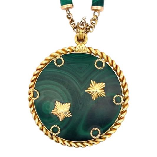 Van Cleef & Arpels French 1970s 14KT & 18KT Yellow Gold Malachite, Diamond & Emerald Zodiak Necklace back