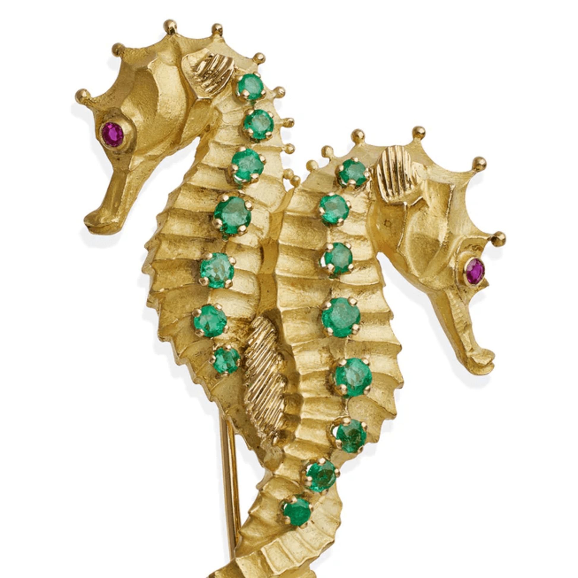 Georges Lenfant Tiffany & Co. French 1970s 18KT Yellow Gold Emerald & Ruby Seahorse Brooch front