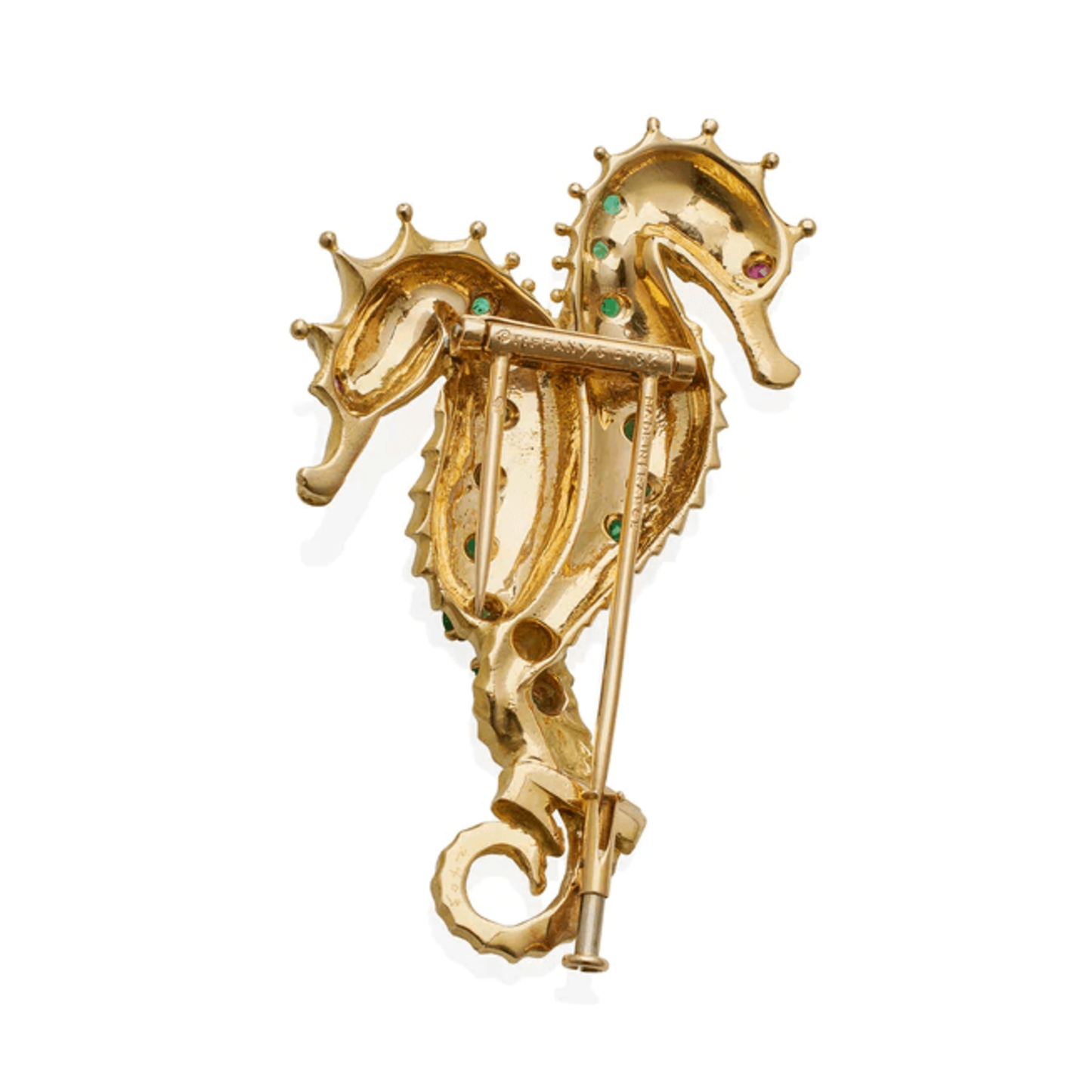 Georges Lenfant Tiffany & Co. French 1970s 18KT Yellow Gold Emerald & Ruby Seahorse Brooch back