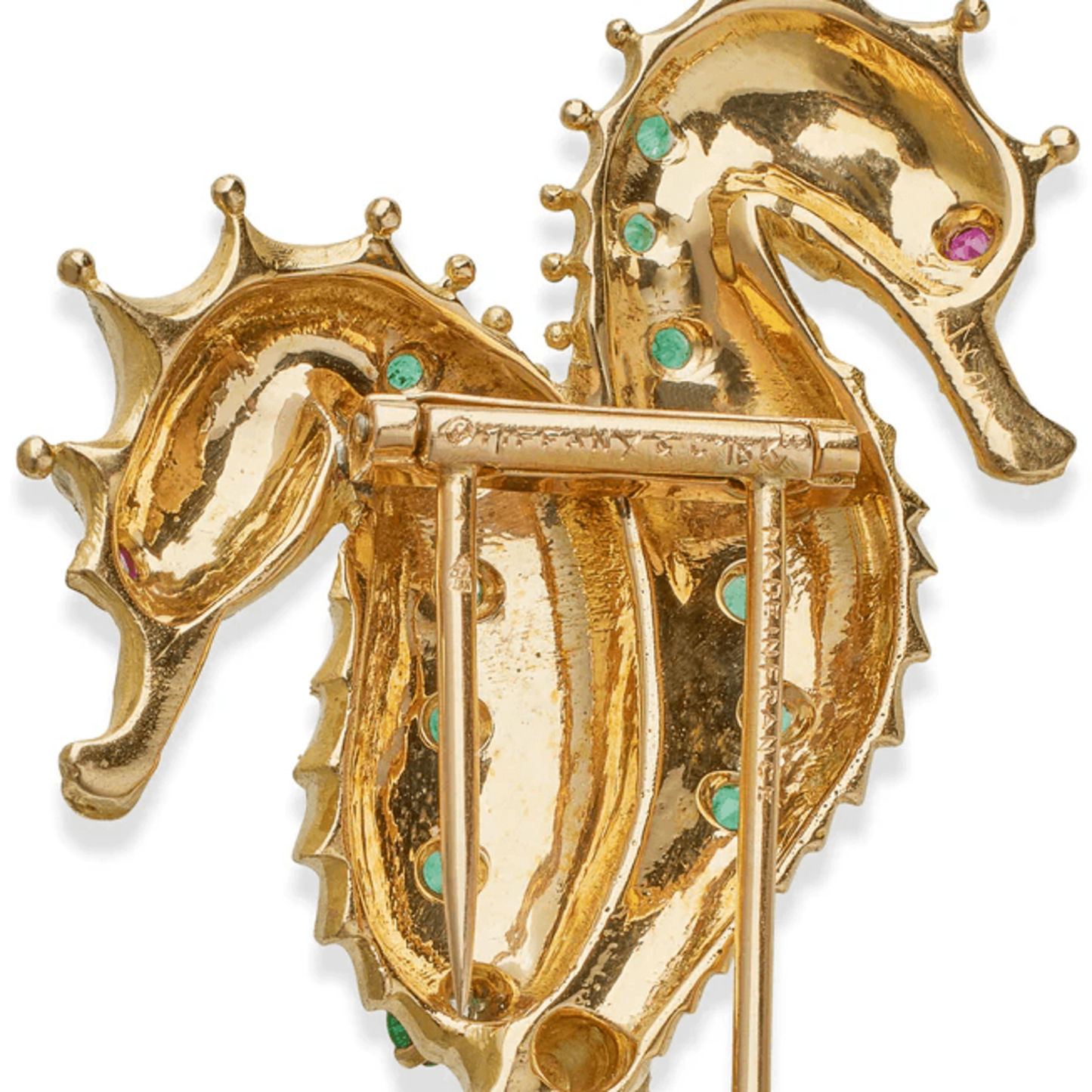 Georges Lenfant Tiffany & Co. French 1970s 18KT Yellow Gold Emerald & Ruby Seahorse Brooch signature