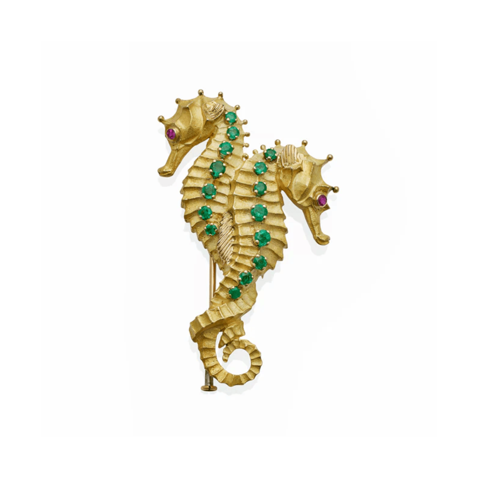 Georges Lenfant Tiffany & Co. French 1970s 18KT Yellow Gold Emerald & Ruby Seahorse Brooch front