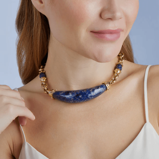 Aldo Cipullo Cartier 1970s 18KT Yellow Gold Sodalite Necklace on neck