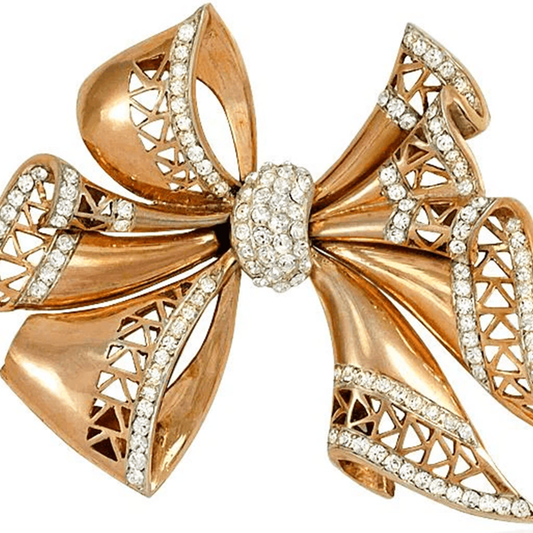 French Retro Silver Gilt & Paste Bow Brooch close-up details