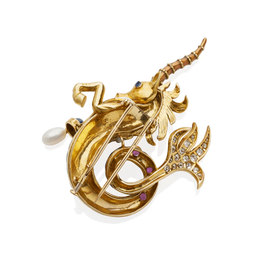 Jean Thierry Bondt French 1960s 18KT Yellow Gold Multi-Stone Unicorn Seahorse Brooch back