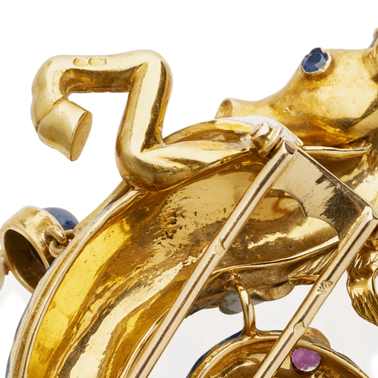 Jean Thierry Bondt French 1960s 18KT Yellow Gold Multi-Stone Unicorn Seahorse Brooch hallmarks