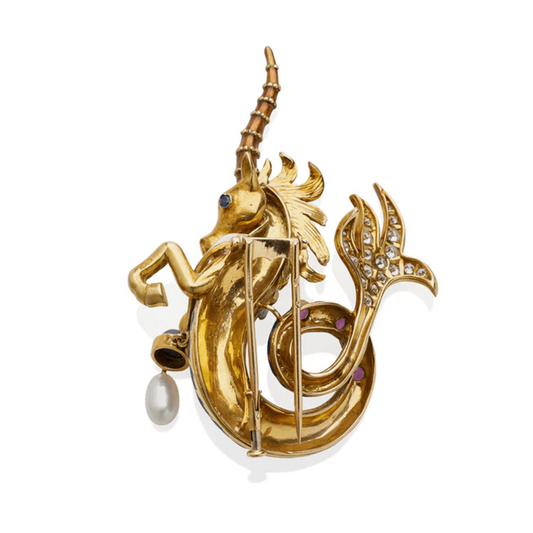 Jean Thierry Bondt French 1960s 18KT Yellow Gold Multi-Stone Unicorn Seahorse Brooch back