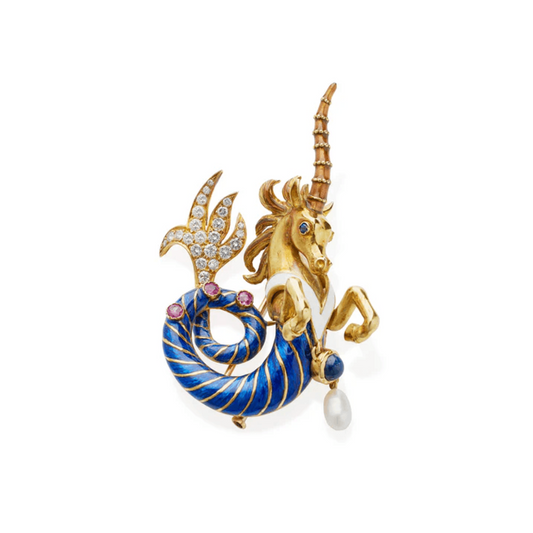 Jean Thierry Bondt French 1960s 18KT Yellow Gold Multi-Stone Unicorn Seahorse Brooch front