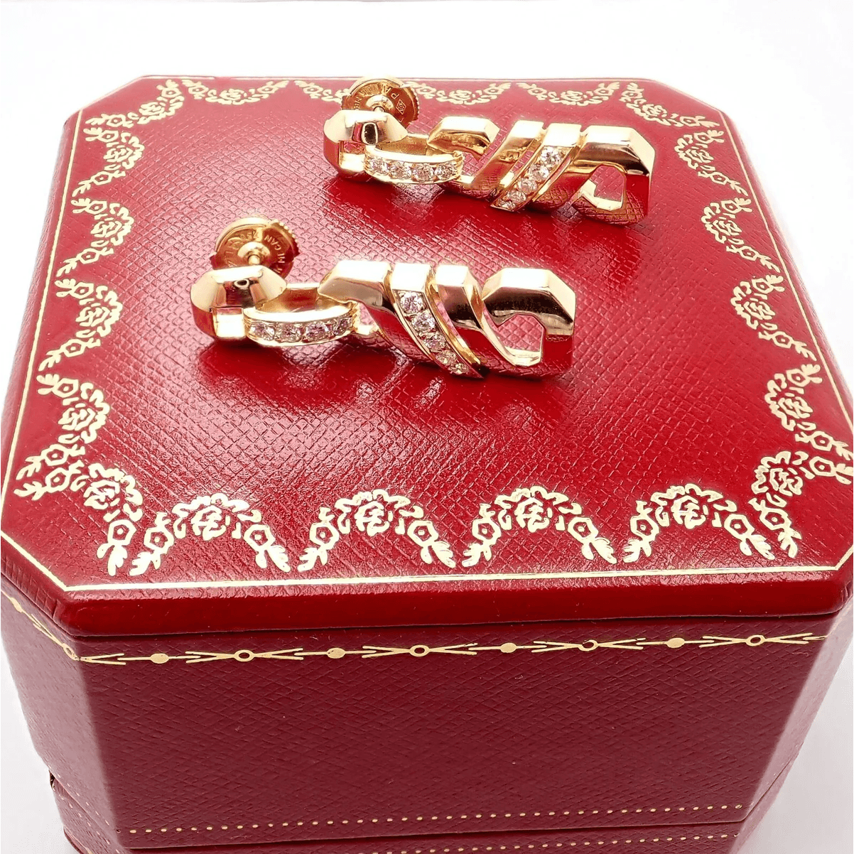 Cartier 1980s 18KT Yellow Gold Diamond Fox Trot Earrings on box