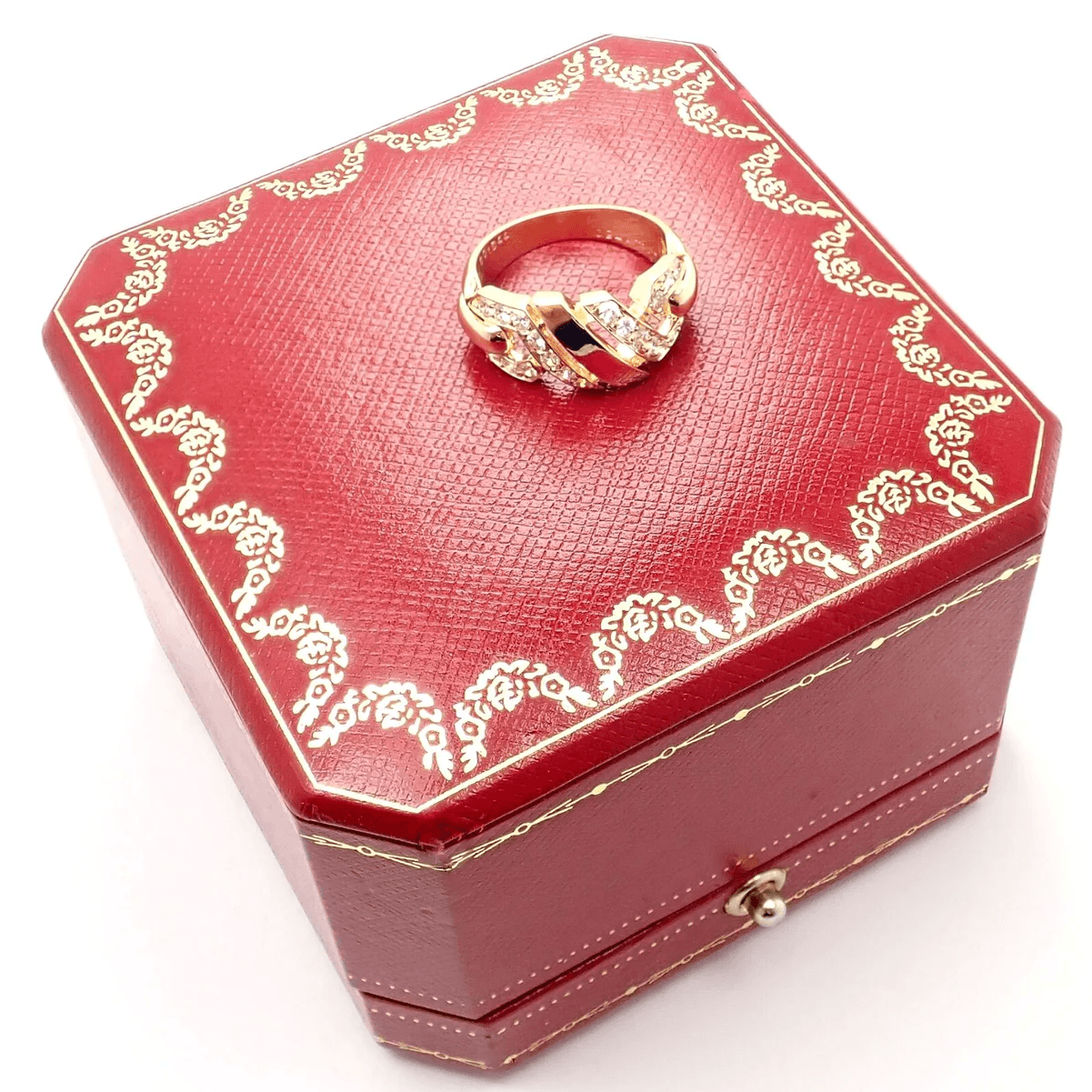 Cartier 1980s 18KT Yellow Gold Diamond Fox Trot Ring on box