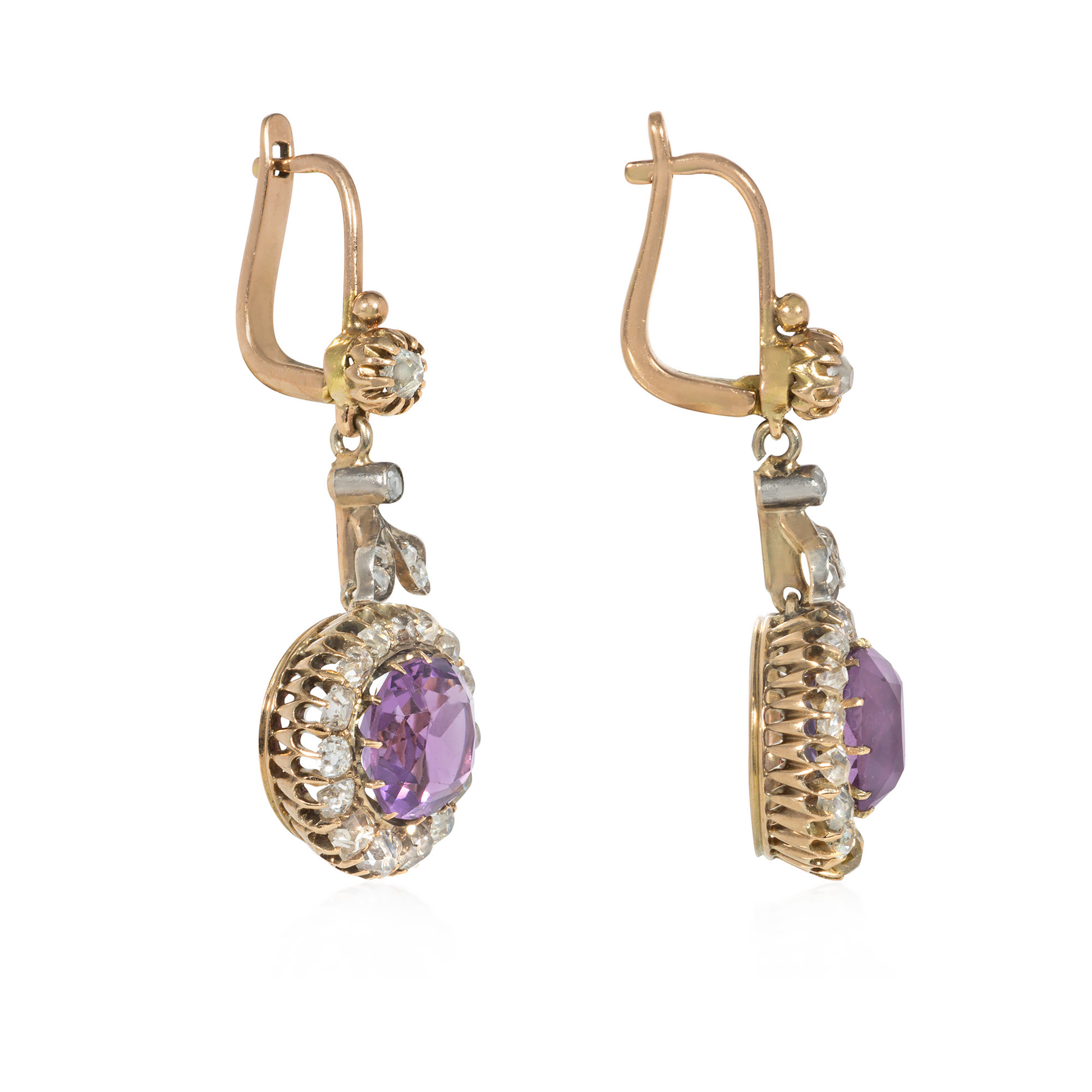 Victorian Silver & 14KT Yellow Gold Amethyst & Diamond Earrings side