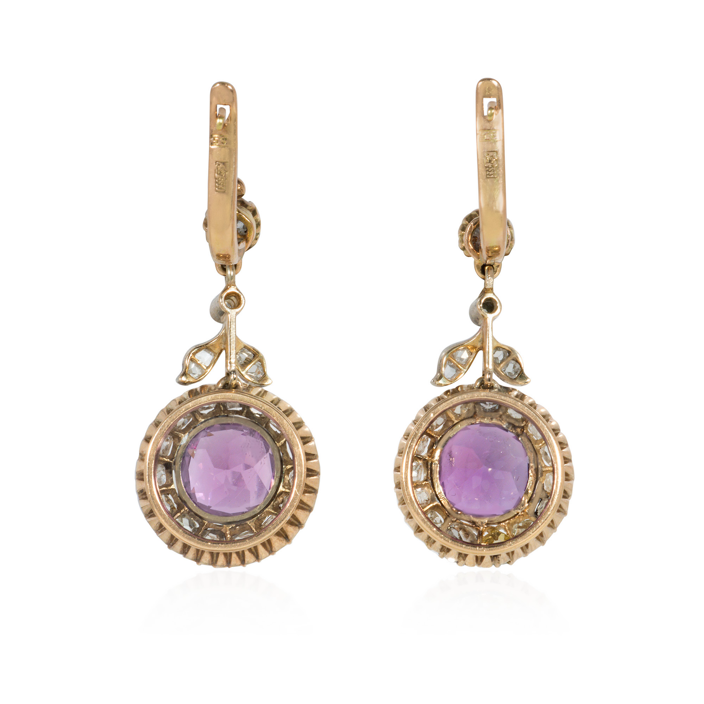 Victorian Silver & 14KT Yellow Gold Amethyst & Diamond Earrings back