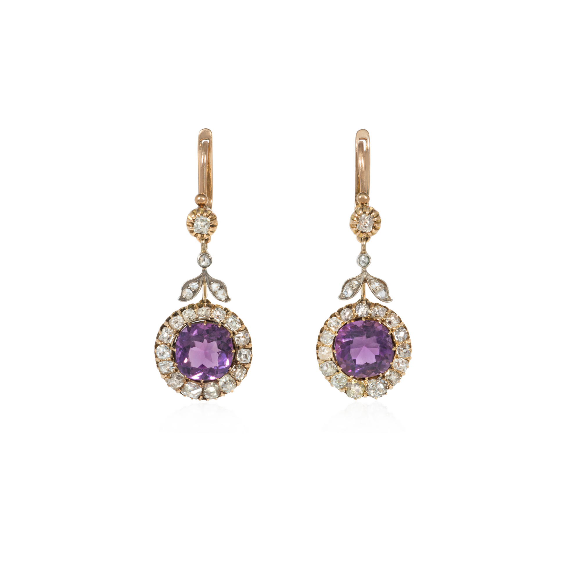 Victorian Silver & 14KT Yellow Gold Amethyst & Diamond Earrings front