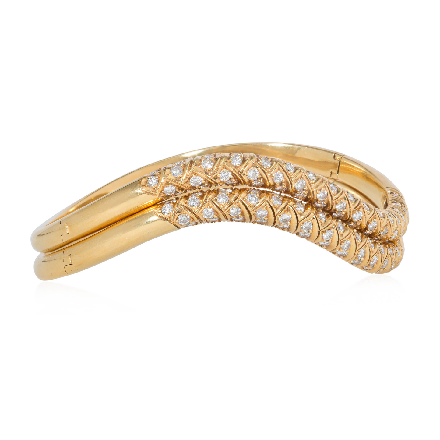 1960s 18KT Yellow Gold Diamond Bangle Bracelets side